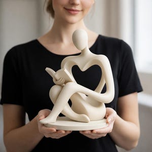 May include: A cream-colored sculpture of a person reading a book. The figure is seated with legs crossed and arms holding the book. The body has a heart-shaped cutout. The sculpture is on a round base.