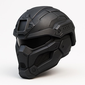 Op de afbeelding: Een matzwarte tactische helm met vizier en hoekig ontwerp. De helm heeft een reeks geometrische vormen en panelen, met een gladde, niet-reflecterende afwerking. De algehele esthetiek suggereert een futuristisch of militair thema.