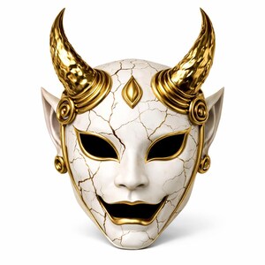 May include: A white mask with gold accents, featuring large, curved horns and pointed ears. The mask has a cracked, aged appearance with black eye openings and a smiling mouth. Gold trim outlines the features.