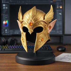 May include: A gold-colored fantasy helmet with leaf and gem details, displayed on a black stand. The helmet features pointed ear extensions and is set against a blurred background of a computer screen and keyboard.