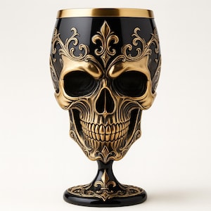 May include: A black and gold skull-shaped goblet. The goblet features a detailed skull design with a gold-colored finish on the skull and decorative accents. The rim and base are black with gold trim, creating a gothic aesthetic.