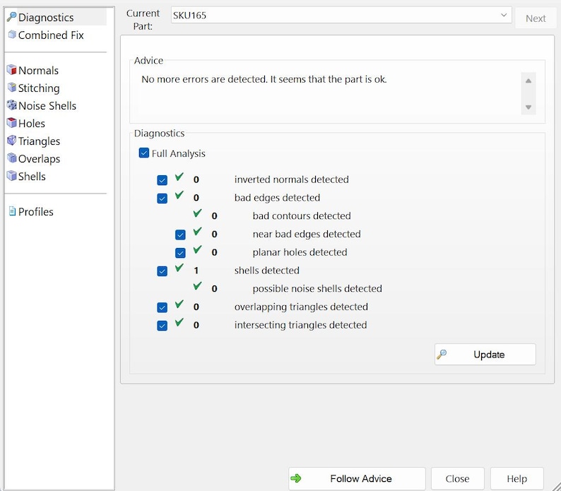 May include: A software interface window titled Diagnostics showing a Full Analysis report for SKU165. The screen displays a list of checked items including inverted normals, bad edges, bad contours, near bad edges, planar holes, shells, and triangles.