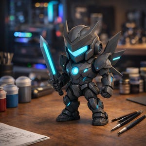 May include: A detailed, dark gray action figure of a futuristic knight, holding a glowing blue sword. The figure has blue accents and is posed on a wooden surface with art supplies in the background. The figure is approximately 6 inches tall.
