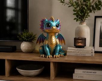 May include: A small dragon figurine featuring a teal and gold colour scheme with iridescent purple accents on the wings and head crest. The creature has large dark eyes, a textured scale pattern, and is depicted in a seated position with wings spread.