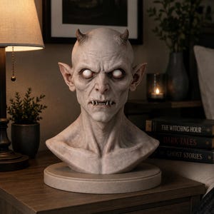 Op de afbeelding: Gedetailleerde buste van een demonisch wezen met hoorns, puntige oren en scherpe tanden. De sculptuur heeft een bleke teint en witte ogen. Het is gemonteerd op een ronde, lichtgekleurde basis, wat duidt op een decoratief of verzamelobject.