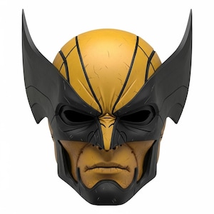 Puede incluir: Una máscara de Wolverine amarilla y negra. La máscara presenta una cabeza amarilla con detalles negros, incluyendo los ojos, la boca y las distintivas protuberancias en forma de oreja. La máscara es una réplica detallada del aspecto icónico del personaje.
