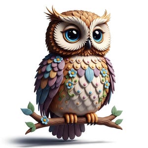 May include: A colorful, cartoon-style owl perched on a branch. The owl features large blue eyes, a brown and tan feathered head, and a body adorned with pastel-colored feathers and small blue flowers. The owl is sitting on a brown branch with green leaves.