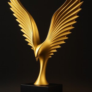 May include: A golden eagle sculpture with outstretched wings, set against a black background. The sculpture is mounted on a black rectangular base, and the wings are detailed with layered feathers. The overall design is sleek and modern.