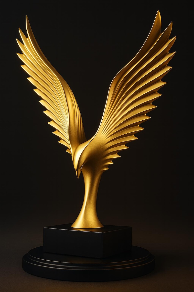 May include: A golden eagle sculpture with outstretched wings, set against a black background. The sculpture is mounted on a black rectangular base, and the wings are detailed with layered feathers. The overall design is sleek and modern.