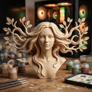 May include: A wooden bust of a woman with flowing hair and branches with leaves. The sculpture is light brown and sits on a wooden table with paint supplies. The woman's hair is styled with branches and leaves.