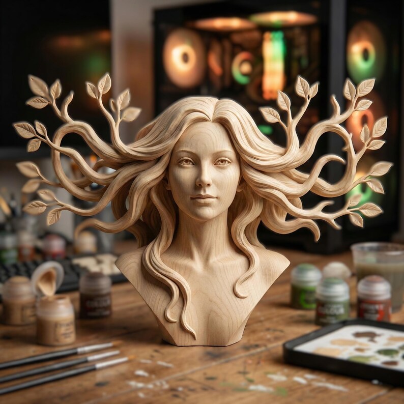 May include: A wooden bust of a woman with flowing hair and branches with leaves. The sculpture is light brown and sits on a wooden table with paint supplies. The woman's hair is styled with branches and leaves.