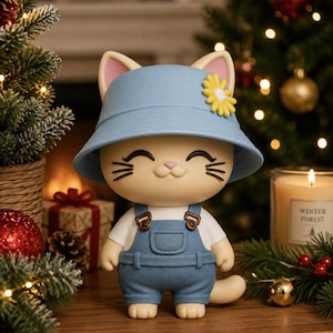 Puede incluir: Una caprichosa figura de gato con un sombrero de pescador azul claro con una flor amarilla y un peto vaquero. El gato sonríe, con bigotes negros y una camisa blanca. Un objeto decorativo encantador.