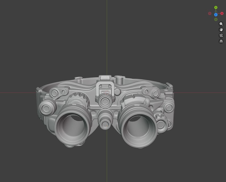 May include: A gray night vision goggle device with two large circular lenses and multiple smaller circular components. The device is mounted on a head strap and is designed for low-light or no-light conditions. The overall design is technical and utilitarian.