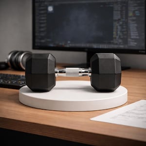 May include: A black dumbbell with a silver handle rests on a white circular platform. The dumbbell is on a wooden desk, with a computer monitor, keyboard, and headphones in the background. The dumbbell is a fitness item.