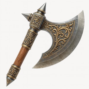 May include: A detailed, ornate axe with a silver blade and gold filigree accents. The axe head features a curved blade and decorative floral patterns. The handle is made of wood and is accented with gold and silver metalwork. The axe has a total length of approximately 20 inches.