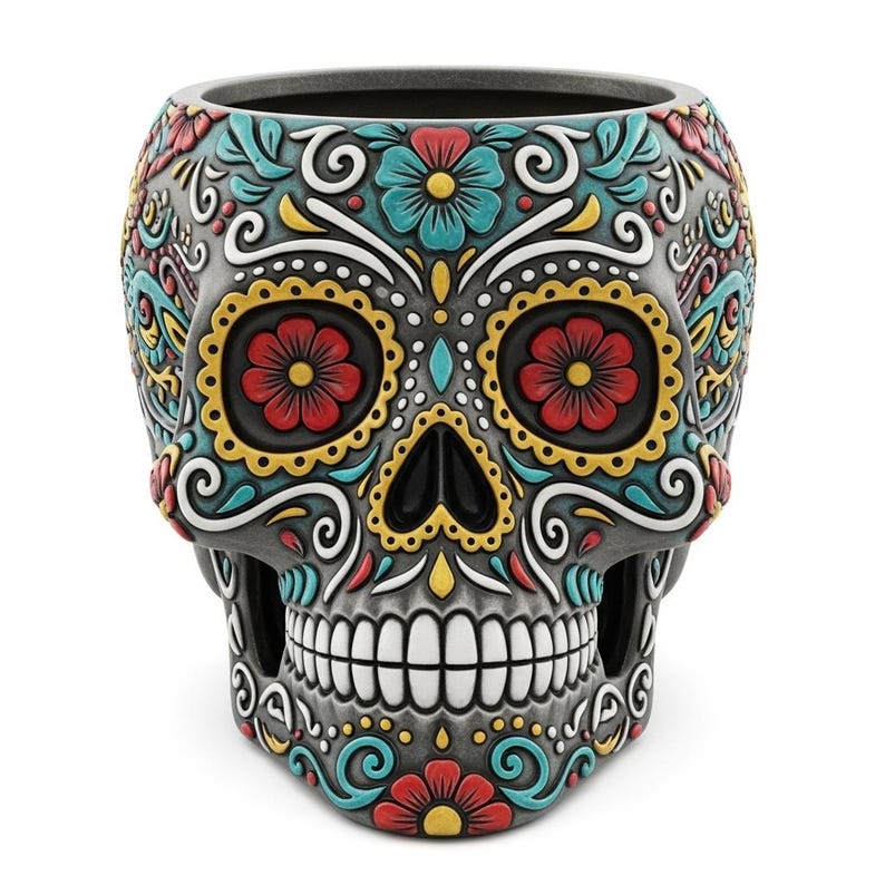 Pu&ograve; includere: Una fioriera decorativa a forma di teschio con un design del Giorno dei Morti. La fioriera grigia presenta colorati motivi floreali e a spirale in rosso, giallo, turchese e bianco. Il teschio ha una bocca spalancata con denti bianchi.