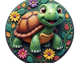 May include: A cartoon illustration of a smiling green turtle with a brown shell, surrounded by colorful flowers and leaves. The turtle has large, expressive eyes and is set against a dark green circular background, creating a cheerful and whimsical design.