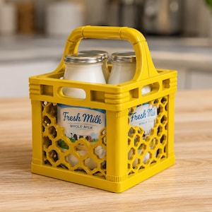 Puede incluir: Un cajón de leche amarillo que contiene dos botellas de leche de vidrio con tapas plateadas. El cajón tiene un asa y un diseño de panal. Las botellas tienen etiquetas que dicen "Fresh Milk Whole Milk". El cajón está sobre una superficie de madera.