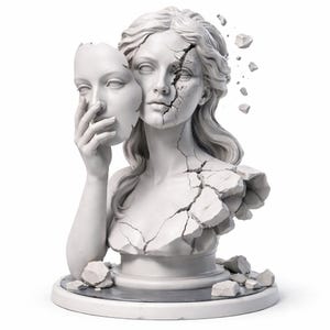 May include: A white sculpture of a woman's bust, with a cracked surface revealing a hidden face. The woman holds a mask of her own face, creating a contrast between the intact mask and the fragmented bust. The sculpture sits on a round base.