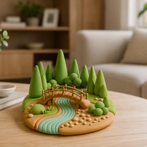 Puede incluir: Una escultura decorativa circular que presenta un paisaje en miniatura con un puente arqueado de color marrón claro sobre un río azul claro. La escena incluye varios árboles verdes cónicos y lisos y arbustos redondeados sobre una base beige.