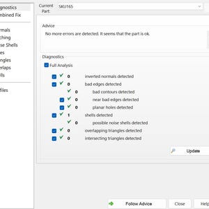 May include: A screenshot of a software interface with diagnostic information. The interface displays a list of checks, including "inverted normals detected" and "shells detected." The text "No more errors are detected" is also visible.