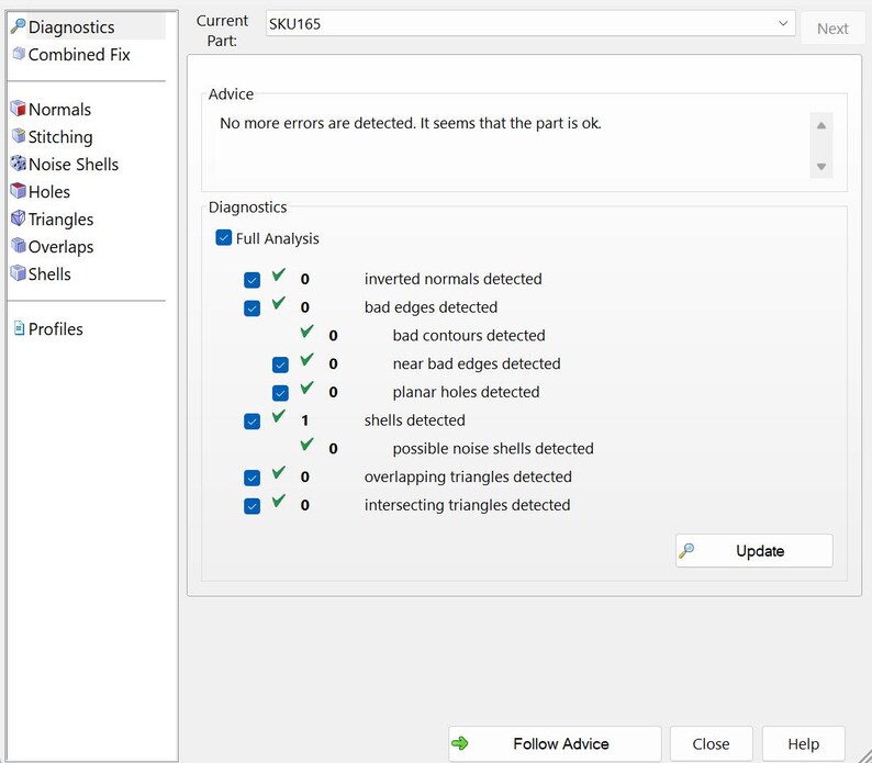 May include: A screenshot of a software interface with diagnostic information. The interface displays a list of checks, including "inverted normals detected" and "shells detected." The text "No more errors are detected" is also visible.