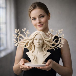May include: A cream-colored bust of a woman with flowing hair and leafy branches extending from her head. The sculpture is held on a round, light-colored base. The woman's face is serene, and the overall aesthetic is artistic and elegant.
