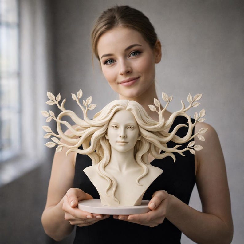 May include: A cream-colored bust of a woman with flowing hair and leafy branches extending from her head. The sculpture is held on a round, light-colored base. The woman's face is serene, and the overall aesthetic is artistic and elegant.