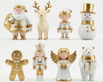 Puede incluir: Colección de figuras navideñas, incluyendo a Papá Noel, un reno, un elfo, un muñeco de nieve, un hombre de jengibre, un cascanueces, un ángel y un oso polar. Cada figura es blanca y dorada.