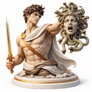 Puede incluir: Escultura detallada de una figura musculosa sosteniendo una espada dorada y la cabeza cortada de Medusa. La figura está cubierta con tela blanca, y la base es blanca con adornos dorados. La cabeza de Medusa tiene múltiples serpientes.