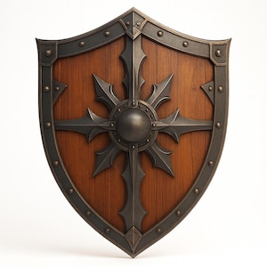 May include: A wooden shield with a dark brown finish and a decorative metal border. The shield features a central, stylized cross design in a darker metal color, with rivets along the edges. The overall design suggests a medieval or fantasy theme.