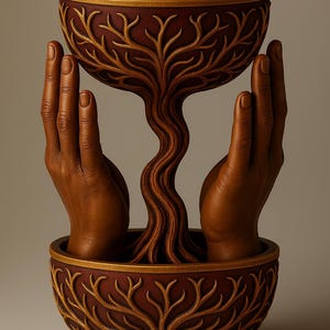 May include: A brown decorative sculpture featuring a tree design. The sculpture has two bowls with a tree trunk and branches connecting them. The bowls and tree are brown with gold accents. Two hands appear to be holding the sculpture.