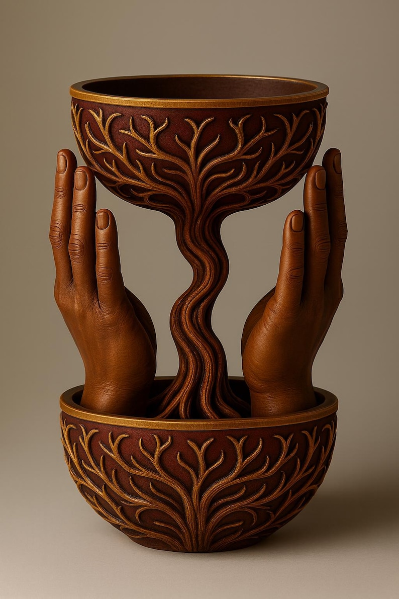 May include: A brown decorative sculpture featuring a tree design. The sculpture has two bowls with a tree trunk and branches connecting them. The bowls and tree are brown with gold accents. Two hands appear to be holding the sculpture.