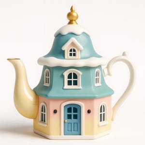 Op de afbeelding: Een grillige, huisvormige theepot in pastelkleuren. De theepot heeft een blauw dak met witte randen, een roze en gele basis en een blauwe deur. Hij heeft een gebogen handvat en tuit, en een gouden bekroning aan de bovenkant.