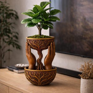 May include: A decorative brown planter with a tree design, featuring a small green plant. The planter has a unique design with hands supporting the tree. The planter is on a wooden surface.