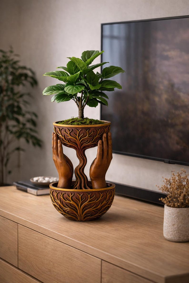 May include: A decorative brown planter with a tree design, featuring a small green plant. The planter has a unique design with hands supporting the tree. The planter is on a wooden surface.