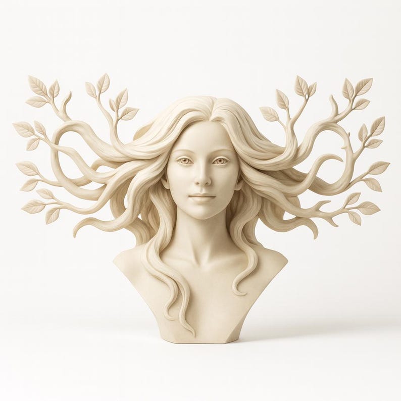 May include: A cream-colored bust of a woman with long, flowing hair and branches with leaves extending from her head. The sculpture has a serene expression and is set against a white background. The leaves and branches are intricately detailed.