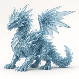 May include: A detailed, light blue dragon figurine with a crystalline appearance. The dragon has sharp, pointed features, including spikes along its back and wings. The sculpture is set against a plain white background.