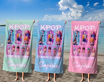 Personalized Kpop Demon Hunters Beach Towel,Huntrix Girls and Saja Boys Crossover Design,Kids Pool Towel,Summer Holiday Gift for Fans