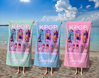 Personalized Kpop Demon Hunters Beach Towel,Huntrix Girls and Saja Boys Crossover Design,Kids Pool Towel,Summer Holiday Gift for Fans