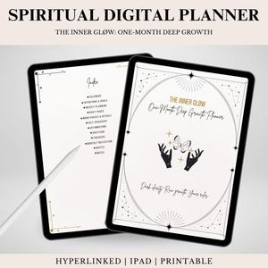 Może przedstawiać: Dwa czarne tablety cyfrowe wyświetlające duchowy planer. Okładka planera zawiera ilustrację motyla i dłoni. Tekst zawiera "Spiritual Digital Planner" i "The Inner Glow: One-Month Deep Growth". Biały rysik spoczywa na lewym tablecie.