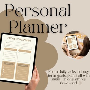 Könnte beinhalten: Ein digitaler persönlicher Planer auf einem Tablet, gehalten von Händen. Der Planer zeigt Abschnitte für Projektdetails, benötigte Materialien und Aktionspunkte. Der Text "Personal Planner" ist im Bild enthalten.