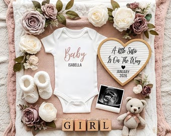 Little Sister Pregnancy Announcement, Baby Girl Reveal, Floral Baby Reveal, Editable Digital Girl Pregnancy Announcement for Social Media