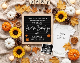 Fall Pregnancy Announcement Editable Template, Digital Pumpkin Baby Announcement Neutral Baby Reveal for Social Media Instagram Facebook