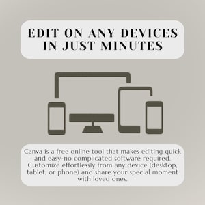 May include: A graphic with the text "EDIT ON ANY DEVICES IN JUST MINUTES" above a simplified illustration of a desktop computer, tablet, and two smartphones. Below, text describes Canva as a free online tool for easy editing.