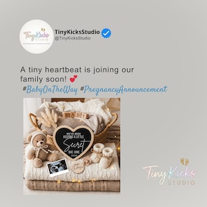 May include: An announcement image from Tiny Kicks Studio. The image includes a basket with blankets, a teddy bear, baby booties, and a chalkboard sign that reads "We've been keeping a little secret, due June 2026". The text "A tiny heartbeat is joining our family soon!" is also included.