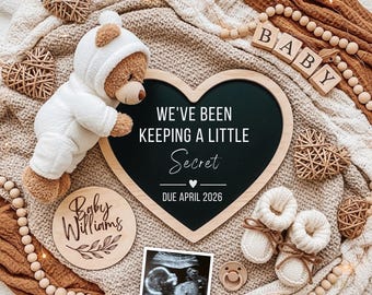 Boho Pregnancy Announcement Digital Template, Neutral Baby Reveal, Editable Bear Secret Baby Announcement for Social Media Facebook