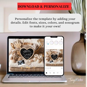 May include: A laptop and smartphone display a baby announcement template. The announcement features a heart-shaped chalkboard with the text "We've been keeping a little secret" and "Due June 2026". The image includes a teddy bear, baby booties, and a sonogram.