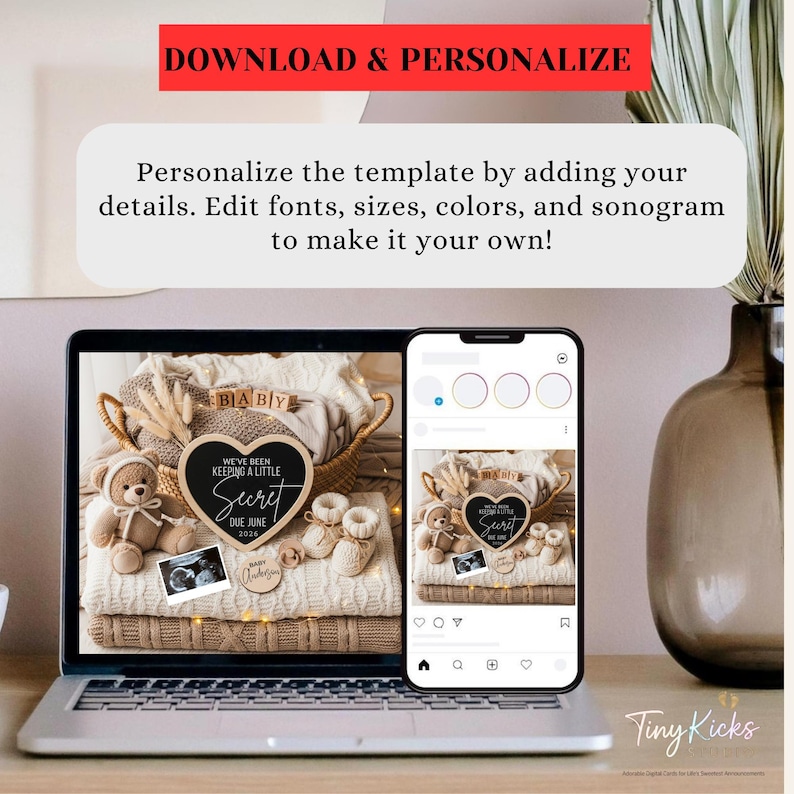 May include: A laptop and smartphone display a baby announcement template. The announcement features a heart-shaped chalkboard with the text "We've been keeping a little secret" and "Due June 2026". The image includes a teddy bear, baby booties, and a sonogram.