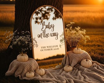 Mirror Beach Pregnancy Announcement, October Spring pregnancy reveal, Editable Baby announcement, Autumn Baby social media reveal templates